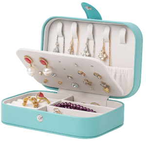 Portable Travel Jewellery Box – Light Blue PU Leather Jewelry Organizer for Rings, Necklaces & Earrings