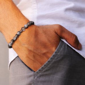 Matte Black Bead Bracelet with Grey Moonstone for Men | Stylish Healing Stone Bracelet