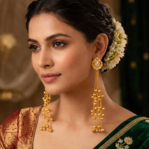 Gold Plated Lotus Dangle Earrings for Women with CZ Stone & Tassel – 16cm Ethnic Wedding Jewelry