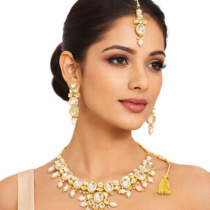 Gold Plated Kundan Necklace Set for Women – Traditional Indian Bridal Jewelry with Pearls, Adjustable Dori, Matching Earrings & Maang Tikka | Wedding & Party Wear