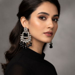 Rajputana Antique Silver-Tone Black Stone Chandelier Earrings for Women | Designer Ethnic Dangle Earrings with Cubic Zirconia & Teardrop Beads for Party & Wedding Wear