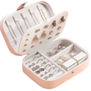 Portable Travel Jewellery Box – Pink PU Leather Organizer for Rings, Necklaces & Earrings