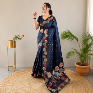 Navy Blue Lichi Silk Saree