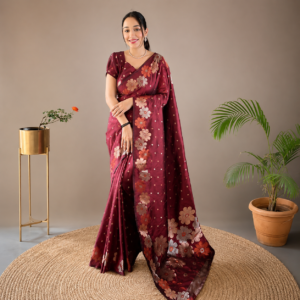 Maroon Lichi Silk Saree