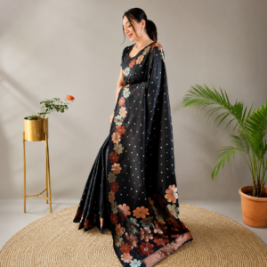 Black Soft Lichi Silk Saree